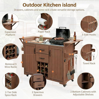 60.2''W Outdoor Kitchen Island with Wheels, Solid Fir Wood Kitchen Cart Grill Cart with Stainless Steel Top, Spice Rack, Wine Rack, 2 Bottom Cabinets with Adjustable Shelves, 2 Drawers (Brown-117)