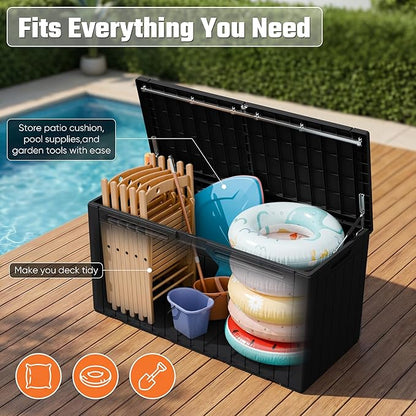 Greesum 110 Gallon Outdoor Storage Box with Lockable Lid, All-Weather for Patio Furniture, Pool Supplies & Garden Tools, Waterproof, UV-Resistant Large Deck Box, Dark Black
