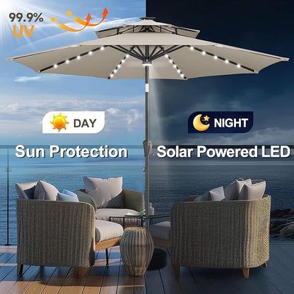 FLAME&SHADE 2 Tiers 9ft Solar Light Patio Umbrella, 40 LED lights outdoor umbrella with Centre Surround Light, Table Market Umbrella for Deck, Pool, Porch, Backyard, Garden (Taupe)