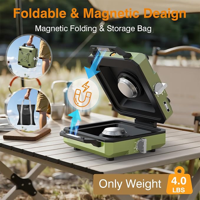 ODSD 2 Burner Camping Stove with Windshield, 20000 BTU Propane Camp Stove, Portable Folding Gas Stove, Camping Essentials Gear Includes Frying Pan, Coffee Stand & Carry Bag, Green