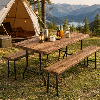 Emwwat Picnic Table Cover with Bench Covers, Waterproof Elastic Corner Fitted Tablecloth for 6 Foot Rectangle Tables, Washable Camping Table Cover Set for Picnic Outdoor BBQ (Brown, 72in)