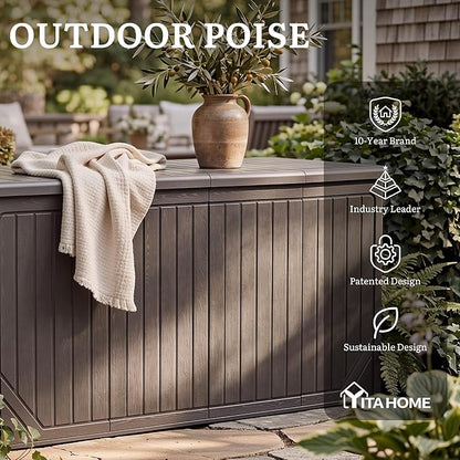 YITAHOME XXL 300 Gallon Extra Large Outdoor Deck Box, Lockable Resin Double-Wall Storage Box and Waterproof Patio Furniture Bin for Garden Tools & Pool Accessories, Brown