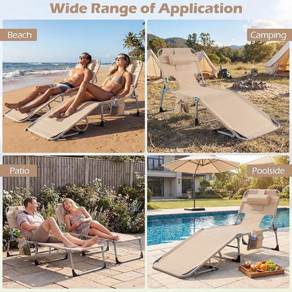 GYMAX Tanning Chair with Face Hole, Sun Bathing Lounge Chairs for Outside with Side Pocket, Folding Portable Face Down Layout Tanning Chair Beach, Backyard, Poolside, Lawn (Sand,1)