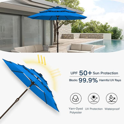 10FT Patio Umbrella 3 Tiers Outdoor Market Umbrella w/Push Button Tilt, Crank, UV and Waterproof Table Umbrella for Garden, Pool, Backyard, Deck, Lawn, Royal Blue