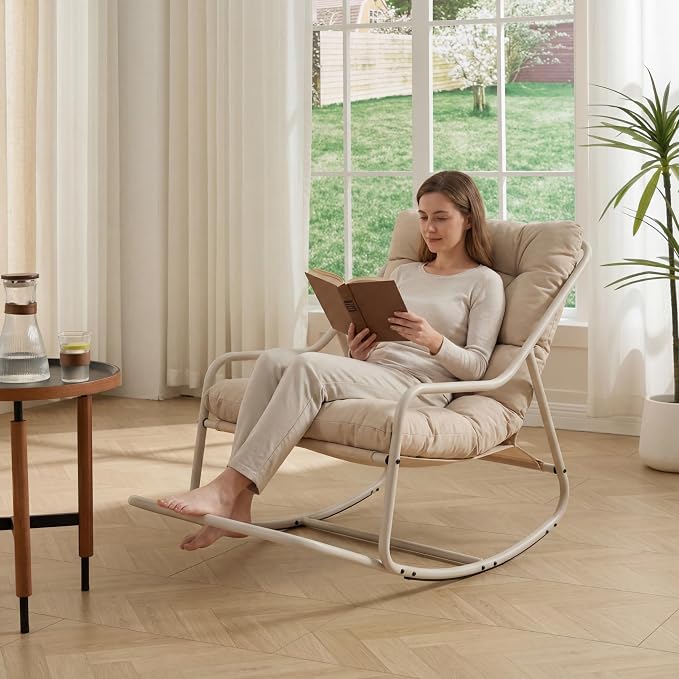 Outdoor Rocking Chairs, Metal Frame Outdoor Rocker with Footrest, Comfy Oversized Patio Chair with Thick Cushion, Reading Glider Lounge Chair for Living Room, Bedroom, Garden, Relax, Beige