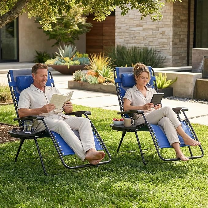 Sweetcrispy Zero Gravity Chairs, Foldable Patio Reclining Chairs with Adjustable Pillow & Cup Holder, Oversized Portable Support 400 lbs, for Backyard Camping, Blue-Gray