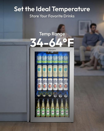 EUHOMY Beverage Refrigerator and Cooler, 128 Can Mini fridge with Glass Door, Small Refrigerator with Adjustable Shelves for Soda Beer or Wine, Perfect for Home/Bar/Office, Silver