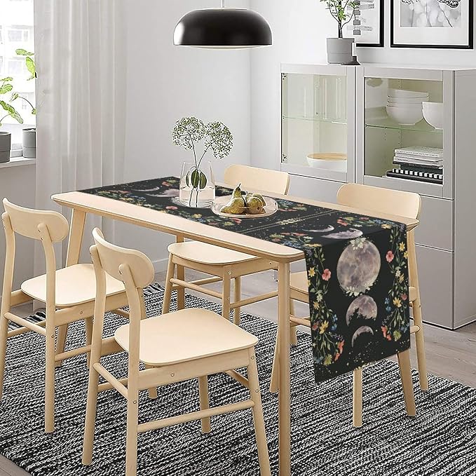 Kitchen Floral Moon Phase Table Runner - Gothic Mysterious Moonlit Farmhouse Decor - Burlap Table Runners for Decorations and Accessories - 13x36 Inch