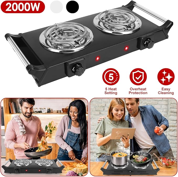 2000W Hot Plate,Portable Electric Stove Countertop Double Coil Burners W/5 Level Temperature Control & Stay Cool Handles, Easy to Clean, Lightweight Cast Iron Electric Stove for RV/Home/Camp 110V