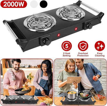 2000W Hot Plate,Portable Electric Stove Countertop Double Coil Burners W/5 Level Temperature Control & Stay Cool Handles, Easy to Clean, Lightweight Cast Iron Electric Stove for RV/Home/Camp 110V