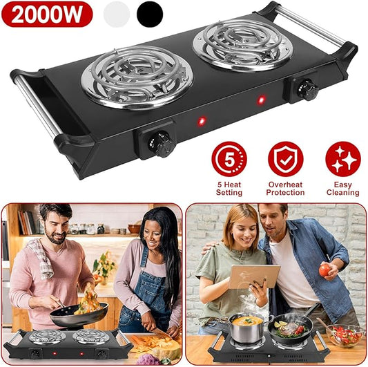 2000W Hot Plate,Portable Electric Stove Countertop Double Coil Burners W/5 Level Temperature Control & Stay Cool Handles, Easy to Clean, Lightweight Cast Iron Electric Stove for RV/Home/Camp 110V