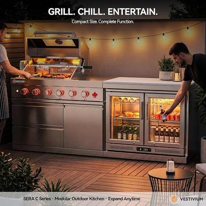 SERA C 4-Burner Natural Gas Modular Outdoor Kitchen with Fridge | 75300 BTU + side burner, 68L fridge 0-10°C for drinks ingredient, 304 stainless steel, locking caster, compact patio backyard