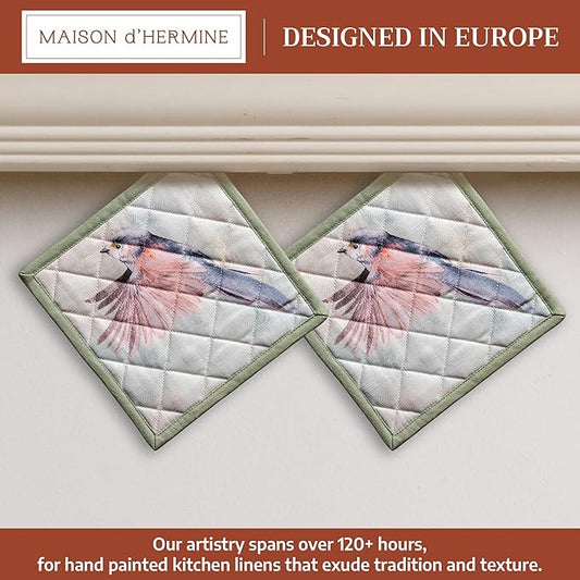 Maison d' Hermine Pot Holders 100% Cotton Heat Resistant Potholders 8" x 8" Hot Pads with Loop BBQ Cooking Baking Hotel Farmhouse Kitchen Handling Hot Pans Spring Summer (Pack of 2, Flying Birds)