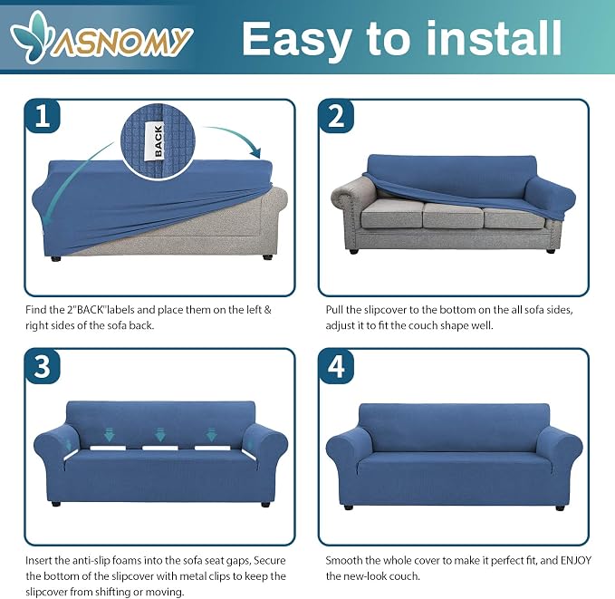 Asnomy Stretch Couch Covers Washable, loveseat Cover Slipcovers,River Blue | 1-Piece Sofa Cover(55"-78") loveseat cover Furniture Protector Soft Jacquard,Non-Slip Elastic Bottom for Dogs & Kids