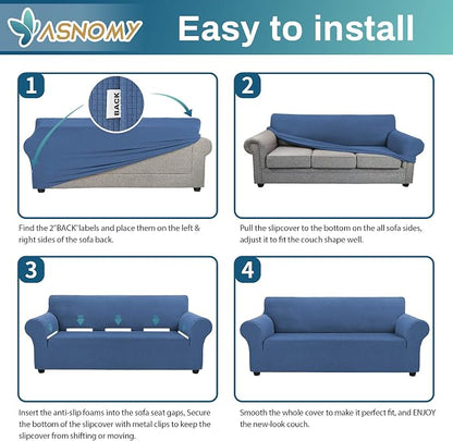 Asnomy Stretch Couch Covers for Sofa Washable, 3 Cushion Couch,River Blue | 1-Piece Sofa Covers(78"-94") 3-Seater Furniture Protector Soft Jacquard,Non-Slip Elastic Bottom For Dogs & Kids