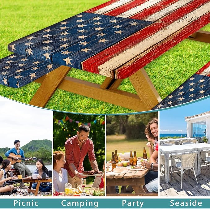 American Flag Picnic Table Cover with Bench Covers and Bag | 4th of July Waterproof Oilproof Fitted Tablecloth with Elastic Edges for Patriotic Outdoor Decor Camping 3Pcs 30x96 Inch