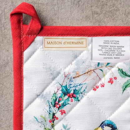 Maison d' Hermine 100% Cotton Oven Mitt & Pot Holder Set (7.5"x13" & 8"x8") Heat Resistant BBQ Cooking Gloves with Loop for Thanksgiving Christmas Decorations Handling Hot Pans (Morzine)
