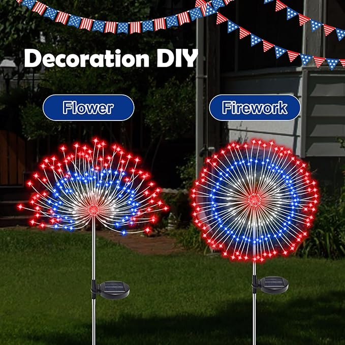 4th of July Decorations Solar Fireworks Lights for Outside, 2 Pack 180LED Red White Blue Solar Lights Outdoor with 8 Mode, Firework Patriotic Light for 4th of July Memorial Day Party Decoration