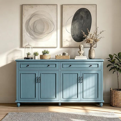 Scurrty Sideboard Buffet Cabinet, 62'' Large Storage Cabinet with Drawers and 4 Doors, Vintage Coffee Bar Cabinets with Adjustable Shelf for Kitchen, Living Room, Blue