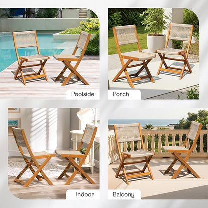 Wood Rope Design Bistro Chairs, Folding Patio Set of 2 Chairs – Heavy-Duty 400lbs Capacity Outdoor Seating for Balcony, Garden, or Porch