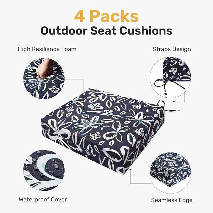 UNIKOME Outdoor Chair Cushions Pack of 4, Water Resistant Patio Cushions with Ties, High Density Sponge Filling Square Corner Seat Cushions for Outdoor Furniture, 19"*19"*3", Navy/White