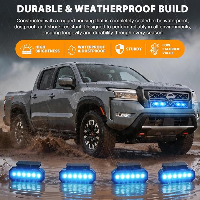 RGB LED Grille Lights 4PCS，Universal Clip-On Car Front，IP66 Atmosphere Exterior Grill Lights Remote APP Control，Compatible with Jeep Wrangler,Ford F150,Dodge Ram 1500,Toyota Tacoma