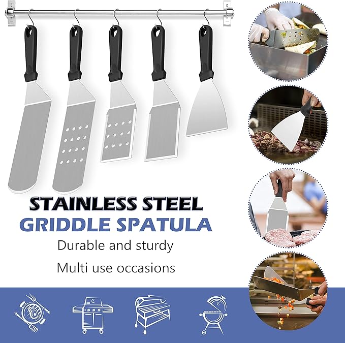 Griddle Accessories Kit of 16, HaSteeL Stainless Steel Teppanyaki Tools for Flat Top Grill Hibachi Camping BBQ, Heavy Duty Metal Spatulas, Chopper, Steak Knives, Bottles, Carrying Bag, Easy to Clean