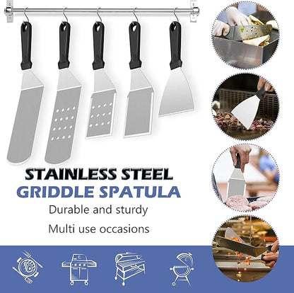 Griddle Accessories Kit of 16, HaSteeL Stainless Steel Teppanyaki Tools for Flat Top Grill Hibachi Camping BBQ, Heavy Duty Metal Spatulas, Chopper, Steak Knives, Bottles, Carrying Bag, Easy to Clean