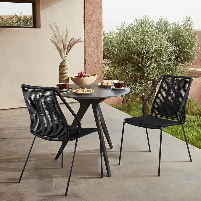 armen LIVING Clip Modern Indoor Outdoor Patio Stackable Steel Dining Chair with Black Rope - Set of 2