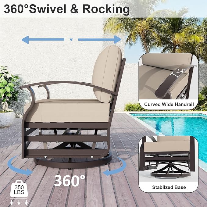 ALAULM Aluminum Patio Furniture Set with Coffee Table Rectangular, 7-seat Outdoor Sectional Furniture w/Swivel Chairs, Patio Conversation Set for Porch, Backyard, Poolside-Sand
