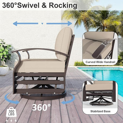 ALAULM Aluminum Patio Furniture Set with Coffee Table Rectangular, 7-seat Outdoor Sectional Furniture w/Swivel Chairs, Patio Conversation Set for Porch, Backyard, Poolside-Sand