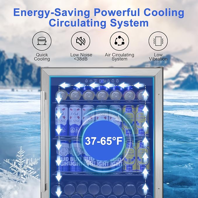 24" 200-Can Beverage Fridge, Under Counter/Freestanding with Glass Door | Temp memory, Reversible door, Quick cool, Beer soda wine, Adjustable shelves, Energy efficient, Digital display, Home bar