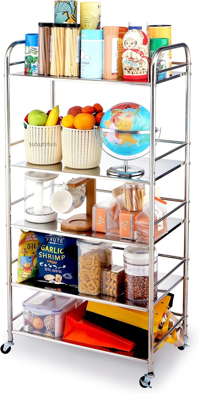 susunnus Stainless Steel Cart,Movable,5 Tier,for Kitchen,Living Room | with Brakeable Wheels,Removable checkered panel,for Bathroom,Dining Room,Stainless Steel Kitchen Cart,Utility Cart,Metal Cart