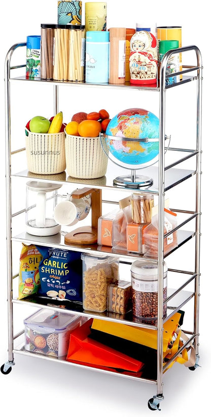 susunnus Stainless Steel Cart,Movable,5 Tier,for Kitchen,Living Room | with Brakeable Wheels,Removable checkered panel,for Bathroom,Dining Room,Stainless Steel Kitchen Cart,Utility Cart,Metal Cart
