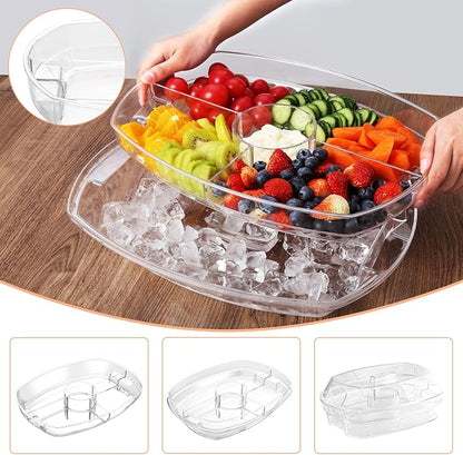 Fruit Ice Serving Tray, Chilled Veggie Tray, Shrimp Cocktail Serving Dish, Appetizer Serving Platter for Parties, with Lid and 4 Compartments