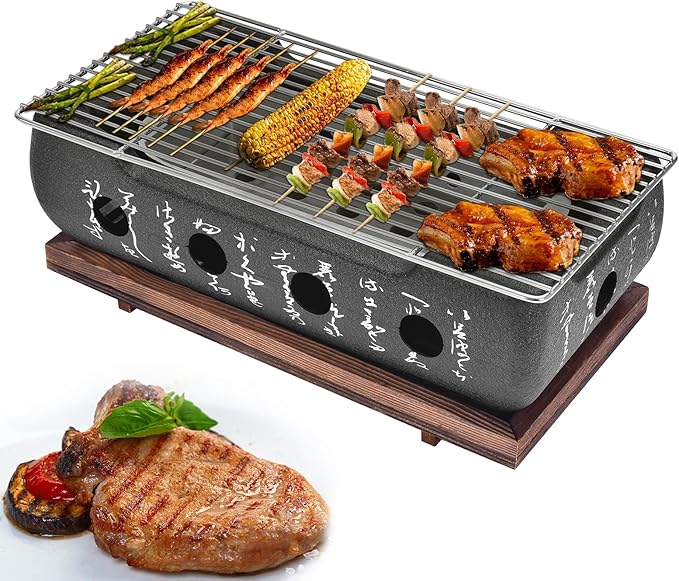 Japanese BBQ Grill Stove Charcoal Barbecue Stove Rectangle Calligraphy Quick Heating Aluminium Alloy Wire Grill Base for Camping (M)