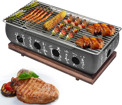 Japanese BBQ Grill Stove Charcoal Barbecue Stove Rectangle Calligraphy Quick Heating Aluminium Alloy Wire Grill Base for Camping (M)