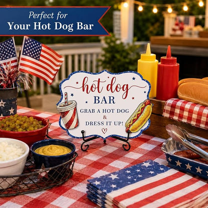 Patriotic Wooden Hot Dog Sign with Metal Stand, 5 x 7 Inch Independence Day Tabletop Food Display for BBQ Party, Buffet Table, Food Truck, Hot Dog Shop, Celebration Decor - A02
