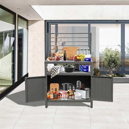 Domi Outdoor Kitchen Series, Modular Kitchen Island Counter with Whole Aluminum Finish & Shelf & Wall Hanging & Countertop & Storage Box & Cover, BBQ Grill Table for Deck Patio, Dark Gray