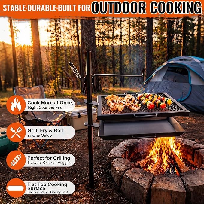 18.5" x 16" Fire Pit Campfire Grill Grate, Portable Open Fire Cooking Grill Grate Round Camping Cooking Barbecue Rack Heavy-duty, Easy Setup & Adjustable Height for Outdoor Camping BBQ