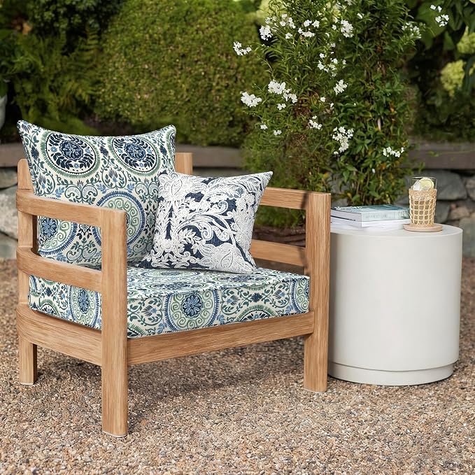 DYTXIII Outdoor Deep Seat Cushion Set, Water Repellent 24"x24" Patio Thick Cushions Replacement with Seat & Back Pillow for Patio Sofa, Wicker Chair, Couch - Wreath Blue