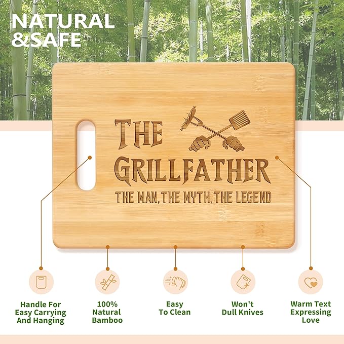 Fathers Day Dad Gifts, Birthday Gift for Dad from Daughter Son Kids, Father Birthday Present, Engraved Bamboo Cutting Board -The Grillfather, The Man, The Myth