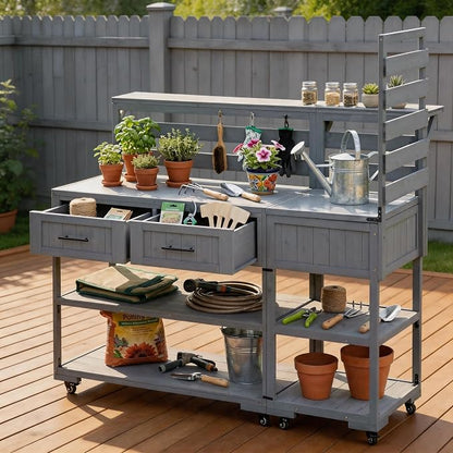 62 Inch Patio Kitchen Island with Stainless Steel Top, Gray | Gray fir wood, stainless steel top, garden or patio, raised shelf, 2 drawers, lockable wheels, modular design, 62.3 in L