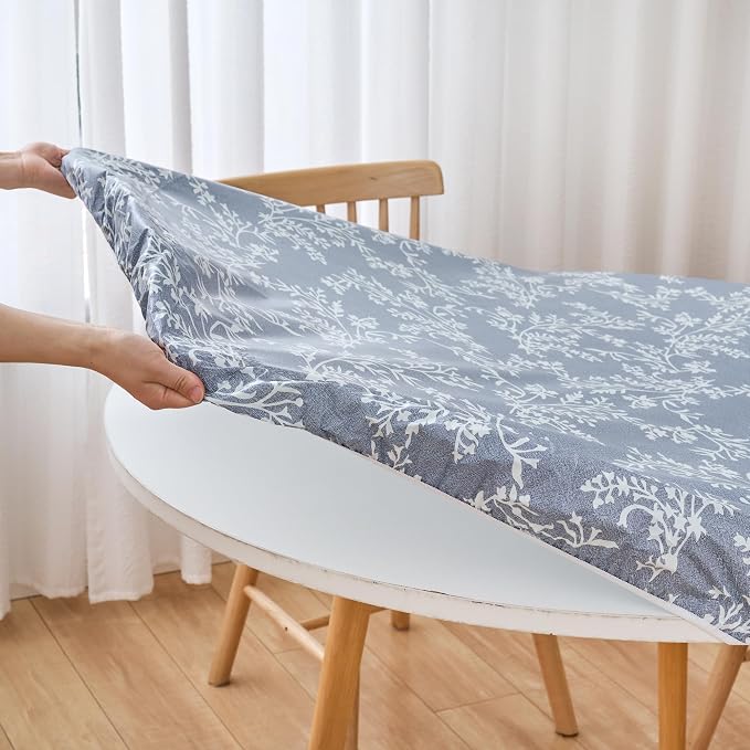 LIBERECOO Round Fitted Tablecloth with Elastic, Flannel Backed Vinyl Tablecloths for 40" - 44" Tables, Waterproof Wipeable Reusable Plastic Table Cloth for Indoor & Outdoor, Light Wash Denim