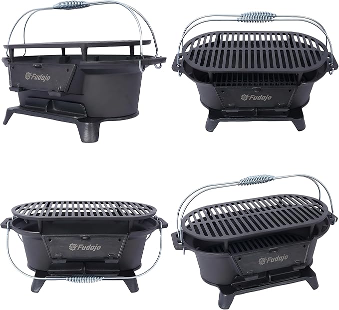 Cast Iron Charcoal Grill, Hibachi Grill Outdoor Portable Charcoal BBQ, Durable Tabletop Skillet Compact Camping Cooker for Tailgating Picnics Hunting (19.6 L × 10.6 W × 8.2 H)