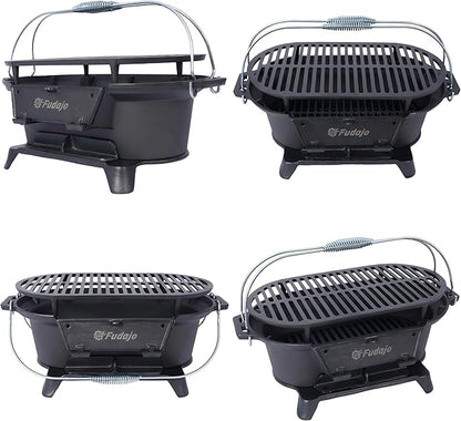 Cast Iron Charcoal Grill, Hibachi Grill Outdoor Portable Charcoal BBQ, Durable Tabletop Skillet Compact Camping Cooker for Tailgating Picnics Hunting (19.6 L × 10.6 W × 8.2 H)