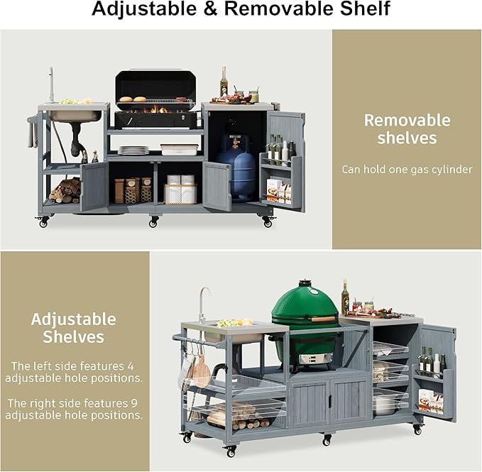 75.4" Outdoor Kitchen Island with Sink, Solid Wood Grill Cart for XL Big Green Egg, Rolling Outdoor Bar Cart with Stainless Steel Top, Adjustable Shelves, 6 Wheels for BBQ Pizza Prep