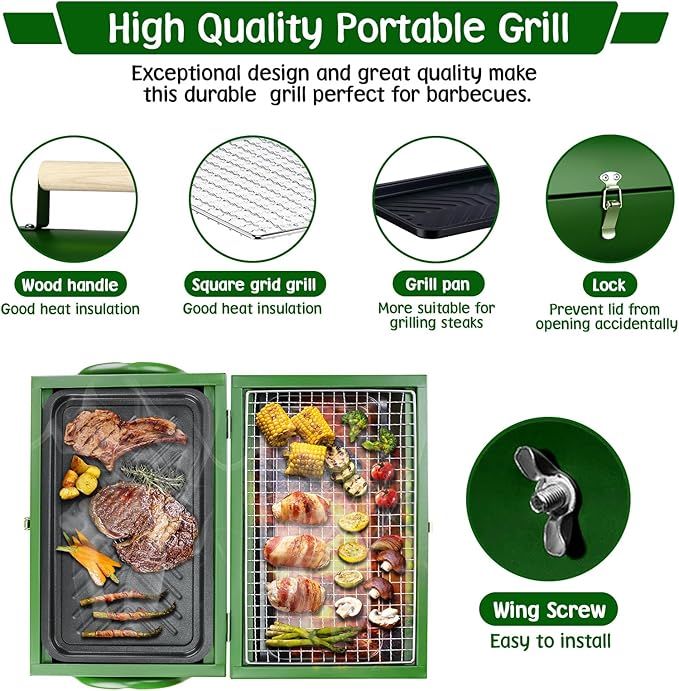 PIQUEBAR Portable Charcoal Grill, Small BBQ Grill with Smoker Double-Side Use Outdoor for Camping, Tabletop Compact Barbecue Grill, Grass Green