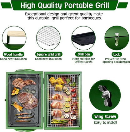 PIQUEBAR Portable Charcoal Grill, Small BBQ Grill with Smoker Double-Side Use Outdoor for Camping, Tabletop Compact Barbecue Grill, Grass Green