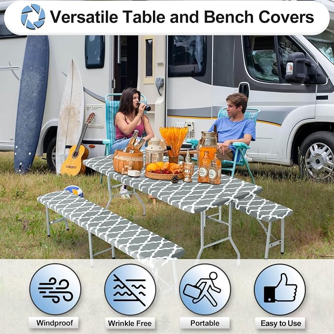OutdoorLines Vinyl Fitted Picnic Table Cover with Bench Covers | Elastic Waterproof Camping Tablecloth for Picnic Table (Moroccon Gray 72x30 Inch, 3 Pcs)